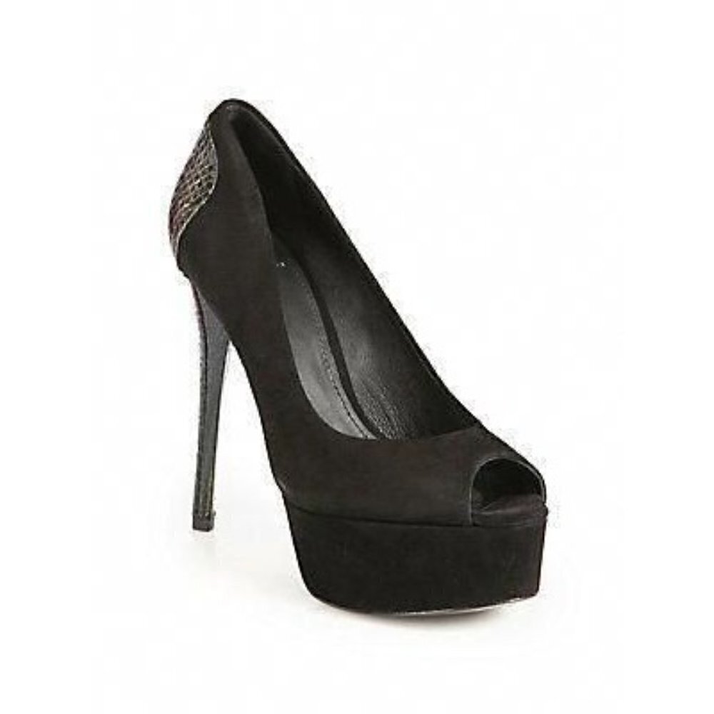 B Brian Atwood Blayne Black Suede Peep Toe Platform Pumps Women's Size 7